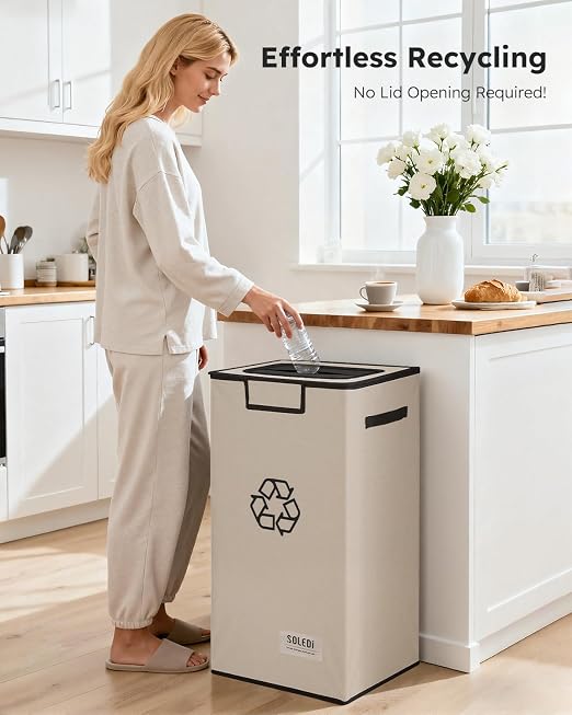 SOLEDI Recycling Bin for Kitchen,26 Gallon Large Recycle Bin with Lid and 2 Removeable Reusable Inner Bags,Indoor Recycling Trash Can for Collector of Bottles Cans, and Plastic,Beige