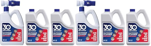 30 Seconds Outdoor Cleaner | Cleans Moss Stains from House, Vinyl Siding, Deck, Patio, Fence - 3 Capped Bottles, 1 Hose End Spray Attachment (64 Fl Oz (Pack of 6)