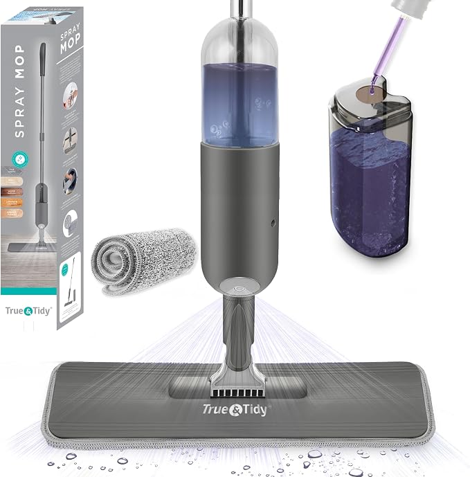 True & Tidy Spray Mop for Floors -Refillable Bottle, Machine Washable Pads