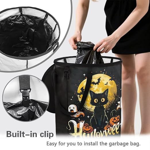 doginthehole Halloween Decorations Collapsible Trash Can with Lid Cute Black Cat Pumpkin Garbage Can Waterproof Portable Waste Bin for Camping, Yard, Picnic, Patio Halloween Party Supplies Fall Decor
