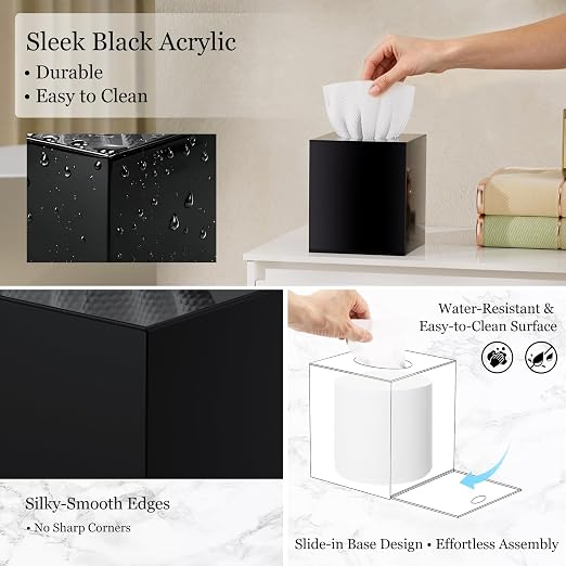 3.5 Gal Black Bathroom Trash Can with Lid & Acrylic Square Tissue Box Cover | Covered Slim Trash Can With Tissue Box Holder Helps Organize Bathroom, Bedroom, And Living Spaces While Saving Room