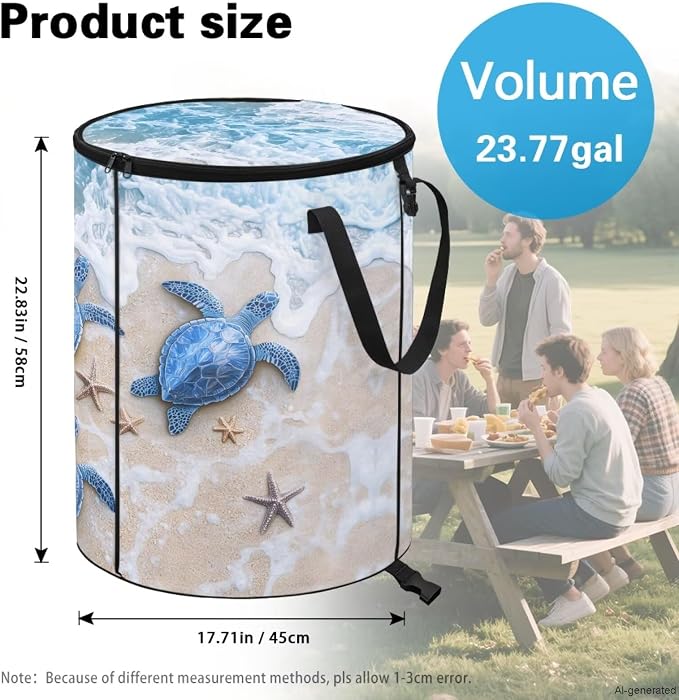 Beach Turtle Collapsible Trash Can – Portable Foldable Garbage Bin for Camping, Picnic, Beach Trips, Heavy Duty 24 Gallon Waterproof Outdoor Trash Bag Holder with Carry Handle