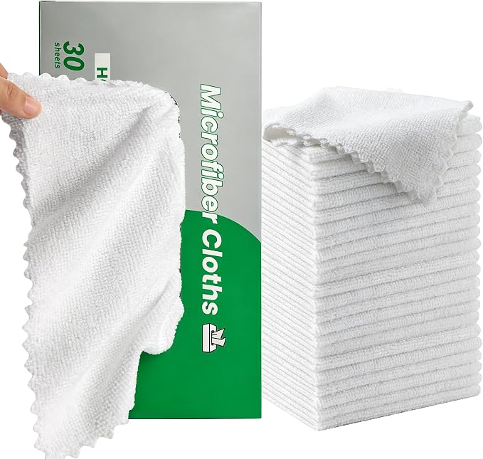 30 Pack Microfiber Cleaning Cloths, Dish Towels for Kitchen, Car, Bathroom | Cleaning Rags for Window, Household, Ultra Absorbent Cleaning Supplies, Lint Free, Streak Free, Reusable & Washable (White)