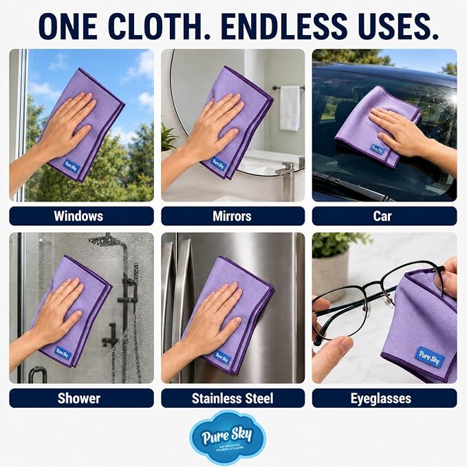 Pure Sky Window & Glass Cleaning Cloth Patented DUO-FECT Technology Streak-Free, No Chemicals, Removes Up to 99% of Bacteria with Water Only Reusable Microfiber Cleaner for Windows, Mirrors, Cars