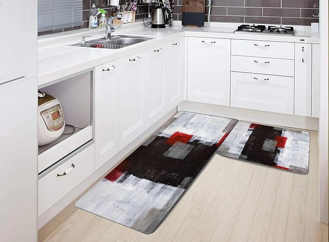 TOMWISH Area Rugs Red and Grey Abstract Art Painting Farmhouse Kitchen Rug | 20"X48"+20"X30"Kitchen Rugs Washable Non Skid Decorative Kitchen Mats Set of 2 for Kitchen Dining Room Floor Sink Laundry