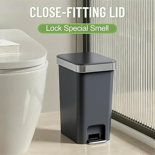 2 Pack Bathroom Trash Can with Lid 2.6 Gallon,Small Step Trash Can | Plastic Garbage Can with Press Top Bin & Foot Pedal Trash Bin, Mini Waste Basket for Bedroom,Home Offices,Dorm,RV(Black Gray)