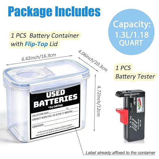 Battery Recycling Container with Battery Tester for Household Batteries, Compact Small Used Battery Disposal Container with Flip-up lid for Home Use, Office, Garage, Schools (1.3L)