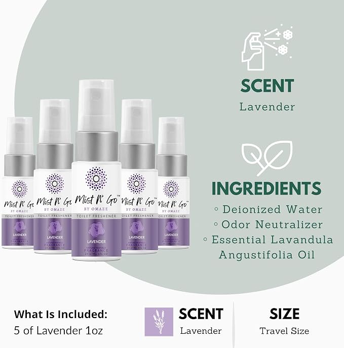 Mist N’ Go by Omaze Travel Bathroom Spray for Toilet Spray Odor Eliminator - Travel Toilet Spray for Bathroom Air Freshener Spray for Bathroom Deodorizer - Lavender Travel Size (1oz x5)
