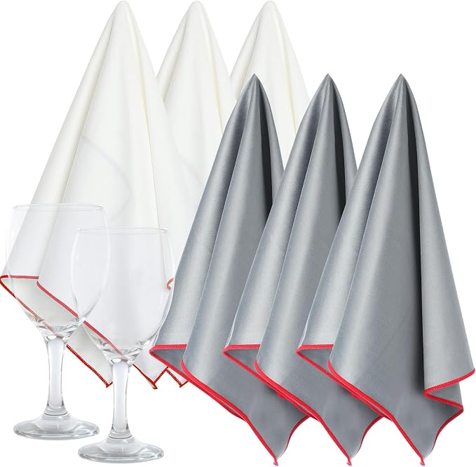 VitalCozy 6 Pcs Polishing Cloths for Wine Glass, Gray, White | Microfiber, 25 x 20 Inch, Lintless Performance, Towels Drying, Window, Stemware, Dishes, Glassware, Professional Finish