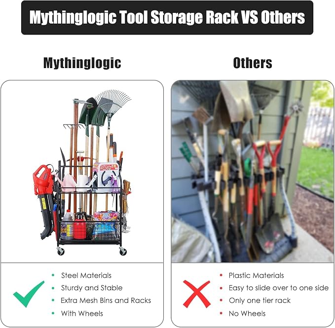 Mythinglogic Rolling Garden Tool Organizer for Garage, Yard and Lawn Tools | Metal rolling rack with multiple tool slots, movable hooks and locking casters for rakes, shovels, brooms and yard tools