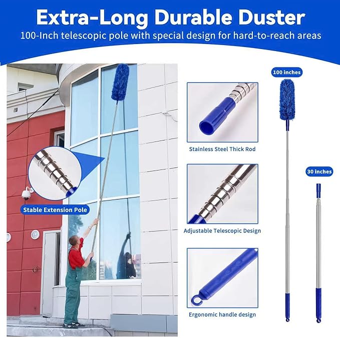 Duster with Extension Pole, 5 in 1 Cleaning Kit with Microfiber Dusters | Long Dusters for Cleaning High Ceilings, Cobweb Duster for Fan and Blinds, Feather Dusters Kit for Furniture Indoor Use