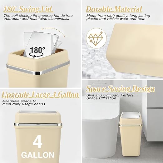 Bathroom Trash Can with Lid 4 Gallon Trash Can Beige Trash Can with Swing Lid Small Garbage Can with 150 Counts Trash Bags for Bathroom Bedroom Office Restroom Dorm