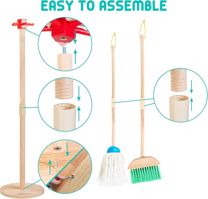 Kids Cleaning Set, 8 Pcs Wooden Housekeeping Play Toy Broom Mop Set | Brushes Rag and Organizing Stand, Montessori Cleaning Toys Gift for Toddlers Girls Boys Age 3-6, Solid Beech Wood