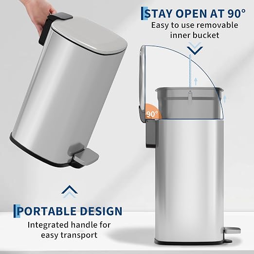 Garvee Bathroom Trash Can with Lid, 2.4 Gallon Slim Garbage Can, Silver | Step Pedal, Soft-close Lid, Rear Handle, Removable Plastic Inner Liner with Trash Bag Retainer Ring, for Kitchen, Bathroom