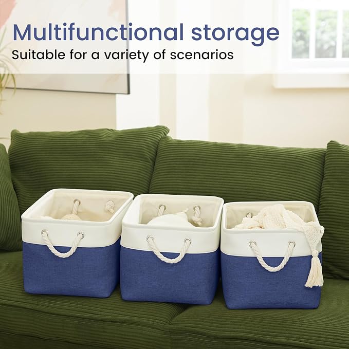 15x11x10 In Foldable Fabric Large Storage Bins with Handle 6 Pack | Organizer Baskets, Sturdy Metal Strand, Cardboard Support Molding, Storage Baskets for Shelves, Closet, Bedroom, White/Blue
