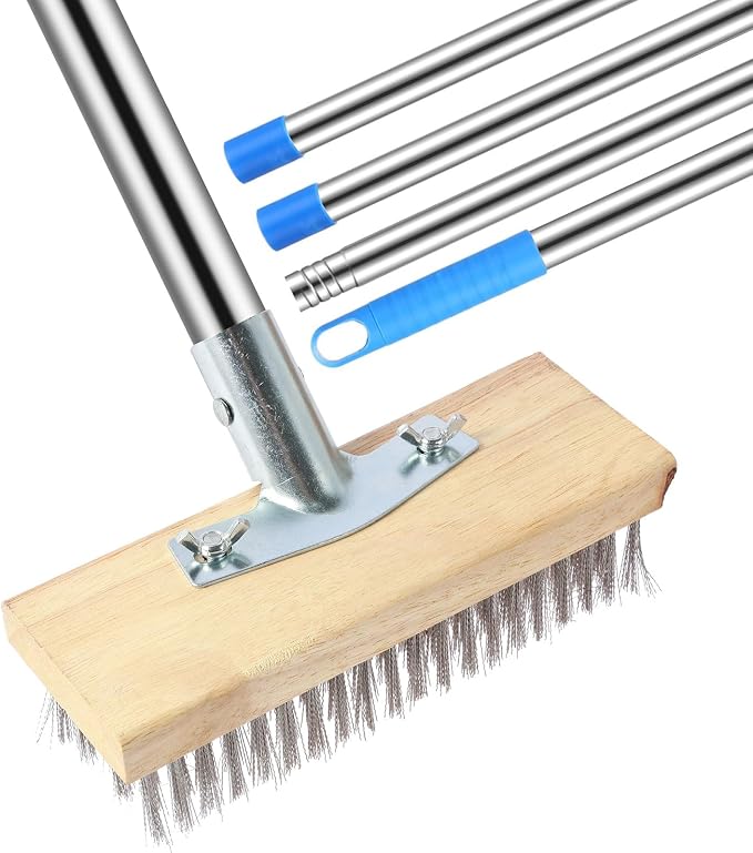 Stainless Steel Deck Scrub Brush with Detachable Long Handle Poles | Adjustable Wire Broom with 4 Detachable Pole Sections, Heavy Duty Metal Wire Floor Scrubber for Garden Cleaning