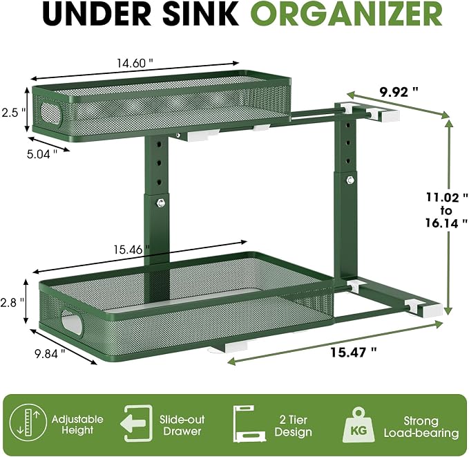 Under Sink Organizer, 2-Tier Pull-Out Cabinet Storage Shelf, Dark Green | Under Kitchen Sink Organizer, 5 Height Adjustable, Sliding Mesh Drawers for Bathroom Pantry Laundry Organization Rack