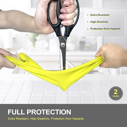 Mamison Rubber Dishwashing Gloves, Non-Slip Kitchen, Green Medium, 2 Pairs | Korean natural latex, long cuff, thick and durable, textured non-slip grip, for dishwashing and kitchen cleaning