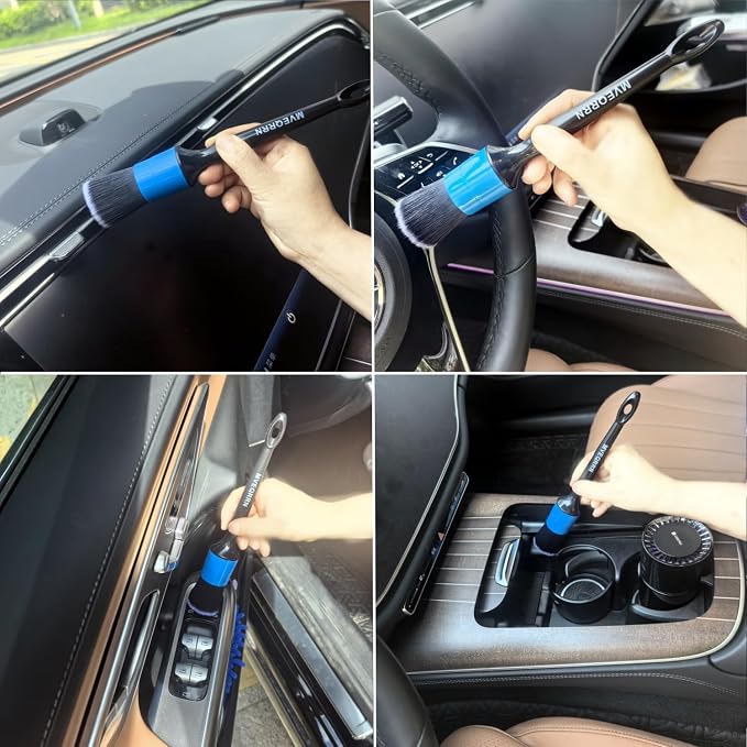 MVEQRRN 6pcs Car Detailing Brush Set,Boars Hair Detail Brushes(Blue) | Ultra Soft Car Detailing Brushes for Air Vents,Leather Seats,No Scratch Auto Detail Brushes for Interior Exterior