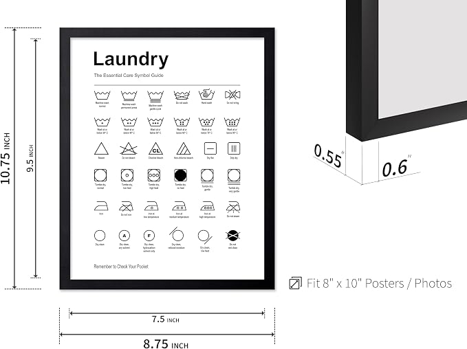 Poster Master 2-Piece Essential Guide for Laundry Print - Stain Removal Poster - Infographic Art - Black & White Design - Symbols & Instructions Art - Laundry Room Decor - 8x10 Black Framed