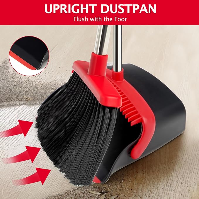 Broom and Dustpan Combo Set,51" Long Handle,Black Red | Heavy Dust, Dustpans with Broom Combo for Home, Kitchen, Office, Classroom,Apartment, Pet Hair