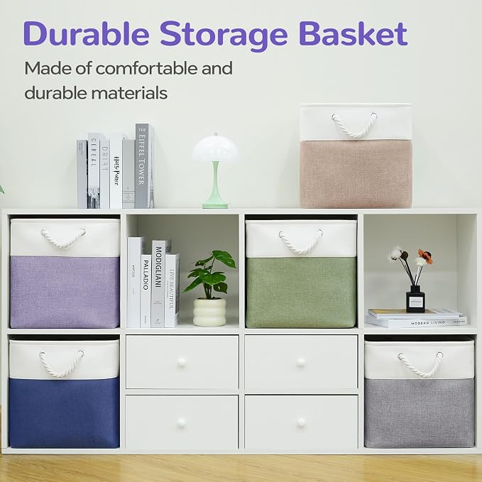 13x13 Inch Foldable Fabric Cube Storage Bins with Handles 6 Pack | Sturdy Metal Strand, Cardboard Support Molding, Storage Basket, Cube Storage Bin for Shelves, Closet, Bedroom, White/Purple