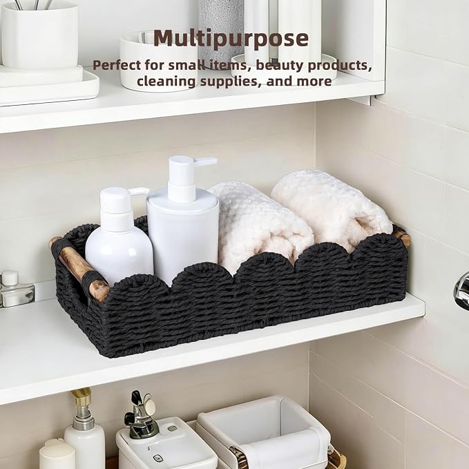 CubesLand Toilet Tank Paper Storage Basket Bathroom Decor Organizer Basket | Scalloped Decor Basket for Home, Living Room, Nursery, Wicker Bathroom Shelves Organization & Decorative Tray, Black