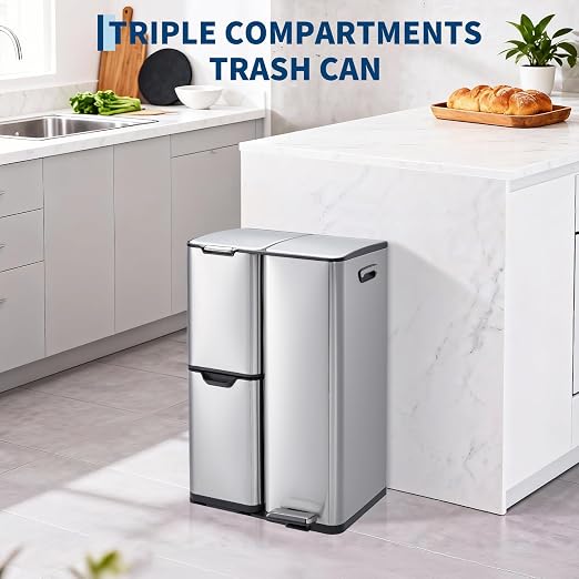 Garvee 3 Compartment Trash Can, 16 Gal Garbage and Recycle Bin Combo | 3 in 1, Triple Bins, Stainless Steel, Soft Close Lid & Foot Pedal, Removable Inner Buckets, for Home Kitchen Office, Silver