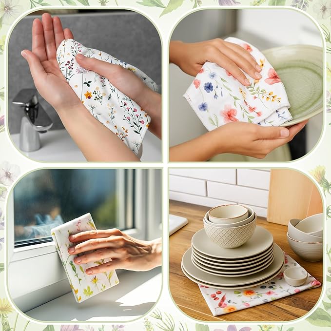 Reusable Kitchen Cloths Cotton Towel, 18 Pack, Wildflowers | Washable 9.84x11.81in, Paperless Towel Rolls Bulk, Cleaning Cloth Napkins for Dishes