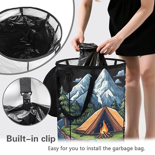 Mountain Tent Camping Trash Can 20 Gallon Foldable Trash Can with Zipped Lid Outdoor Garbage Bin for Camping, Picnic Large Storage Bin for Family Trip