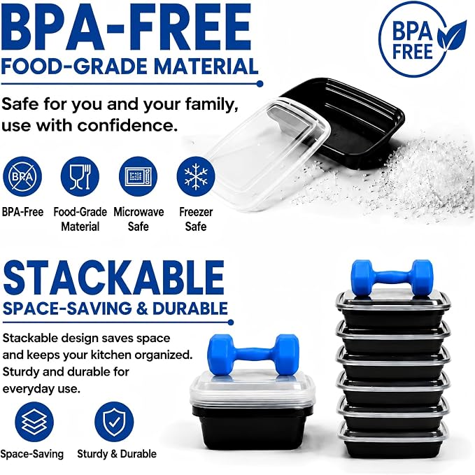 50 Pack 32 oz Meal Prep Containers Reusable BPA Free, Plastic Containers with Lids Microwave/Freezer/Dishwasher Safe, Disposable Food Storage Containers, To Go Containers Leakproof for Leftover