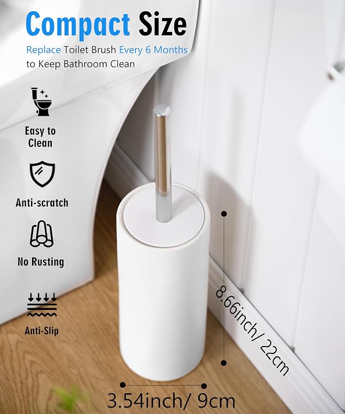 Matt White Ceramic Toilet Brush and Holder Set | Freestanding Toilet Bowl Cleaners Brush, Scrubber Brush for Toilet, Bathroom Accessories with Stainless Handle, Deep Cleaning