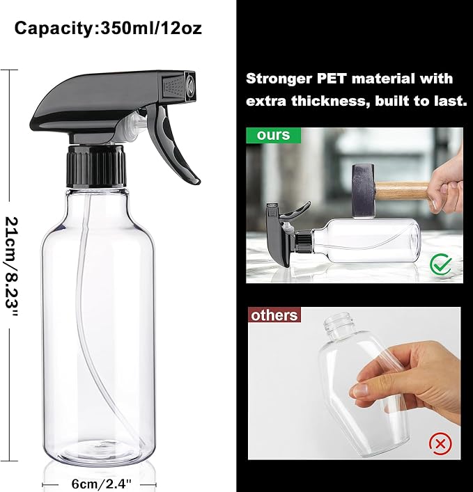 12oz/350ml Plastic Spray Bottles 1 Pack, Adjustable Mist/Stream | Refillable heavy duty spray containers for plants, cooking, hair care and household cleaning
