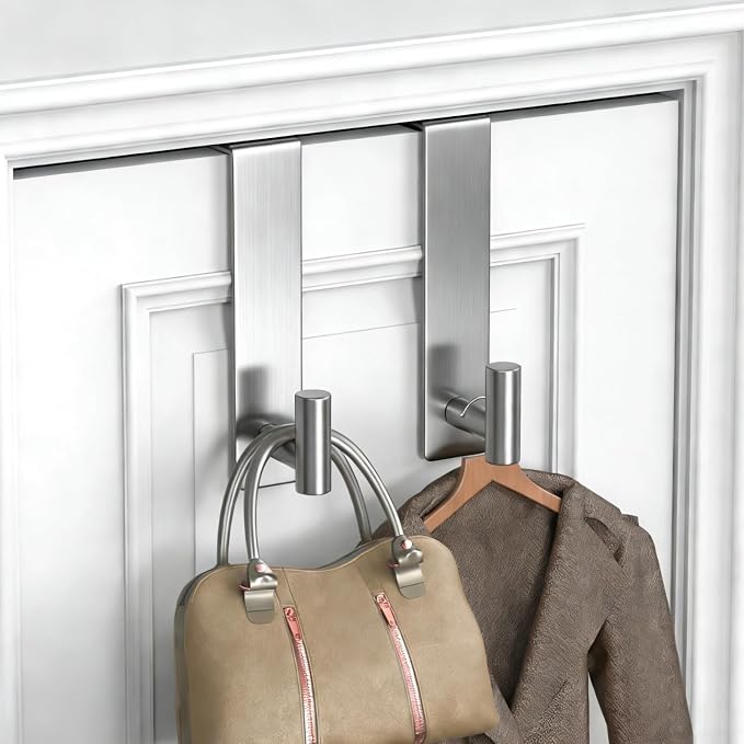 PMMASTO Door Hooks for 1-3/4 Inch Doors, Silver- 2 Pack, T Shape | Stainless Steel Door Hooks Organize Coats Towels Robes in Bathrooms Bedrooms Closets