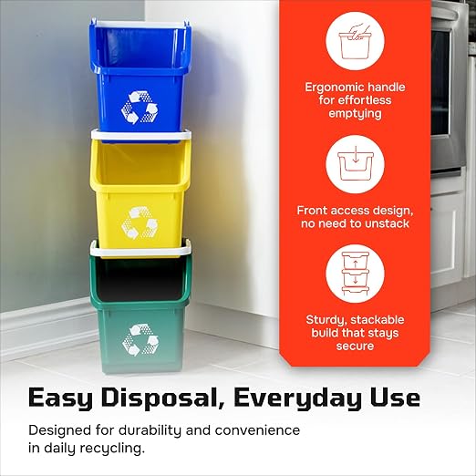 Multi Bin 6 Gallon Stackable Recycle Bins, Trash Can Kitchen Recycling Set | Recycling containers stackable design that saves floor space, while open-front bins with ergonomic handles ensure quick