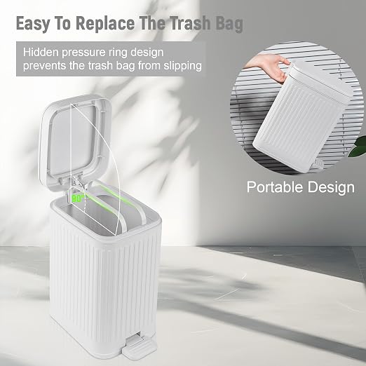 Small Bathroom Trash Can with Lid, 1.9 Gallon Slim Soft Close Step, White | Garbage Can with Pedal for Office, Bedroom, Kitchen & Living Room, Narrow Plastic Wastebasket Container for Small Spaces