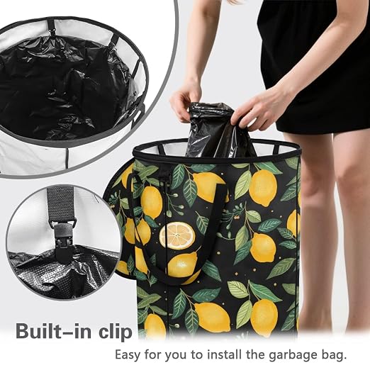 BIGCARJOB Lemon Garbage Cans Collapsible Pop Up Camper Trash Can Waterproof Bag Trash Bin for Outdoor Camping Hiking Travel, 22.83x17.71 in