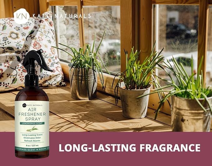 Kate Naturals Lemongrass Air Freshener Spray for Home, 8 fl oz | Pet Safe, Non-Toxic, Essential Oil Odor Eliminator Room Freshener Spray for Pillows, Bedding, Linen