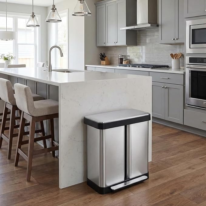 ComfyCorner 16 Gallon Dual Compartment Trash Can, Step-On Garbage Bin | Stainless Steel Hands-Free Recycling Rectangular Dustbin with Soft-close Lid, Removable Inner Buckets, for Kitchen Home