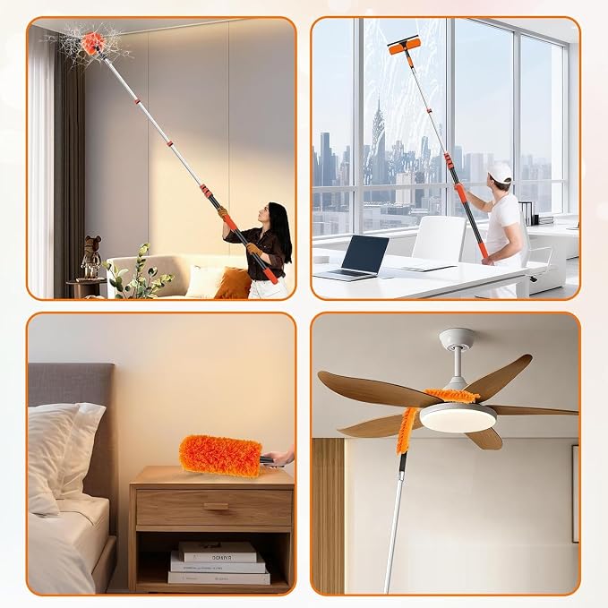 30FT High Reach Duster with Extension Pole 5-24FT, 4-in-1 Cleaning Kit | with Universal Swivel Joint | High Ceiling Fan Cleaner, Cobweb Duster & Window Squeegee for Safe High-Reach Cleaning