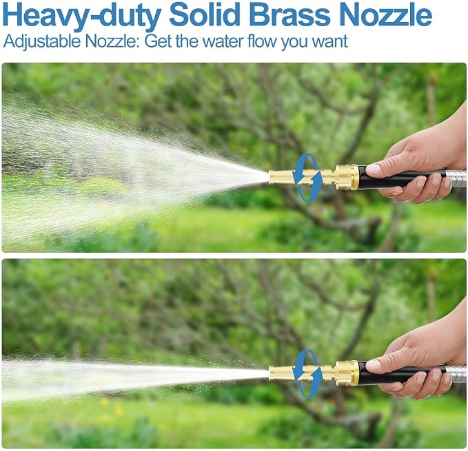 SPECILITE 50ft 304 Stainless Steel Metal Garden Hose with Rubber Grip | Adjustable Brass Nozzle, 3/4" Solid Brass Connectors, Flexible, Puncture Resistant, Non-Expandable for Yard Outdoor Lawn
