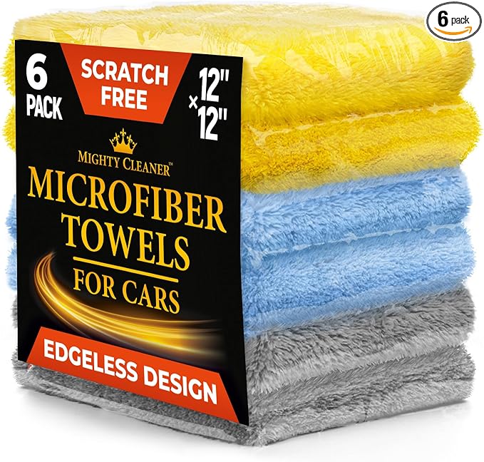 Edgeless Microfiber Car Towels – 6pk(12”x12”) – Soft & Scratch-Free Towels | 540 GSM - Great for Drying, Detailing, Polishing, Buffing - Ultra Absorbent Microfiber Cleaning Cloths for Car