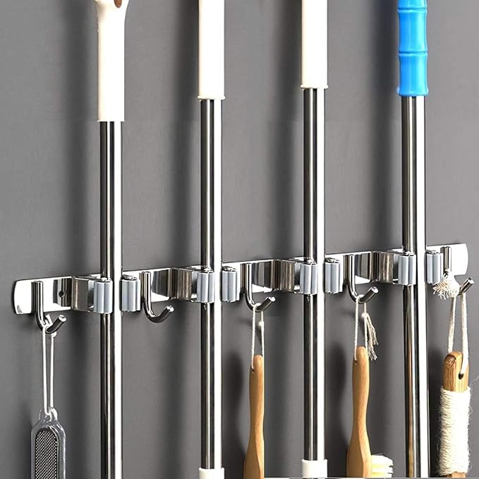 Broom Mop Holder Wall Mount Tool Hanger Organizer (4 Racks 5 Hooks) | Stainless Steel，for Home, Kitchen, Garage, Garden, Laundry Room, Bathroom Organization and Storage