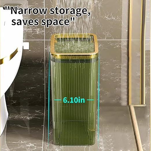 Bathroom Trash Cans with Lids, 2.6 Gallon (Green) | Garbage Can for Bedroom, Office, Plastic Slim Waste Basket with Press Top Lid, 10L Clear Trash Bin for Home, Kitchen