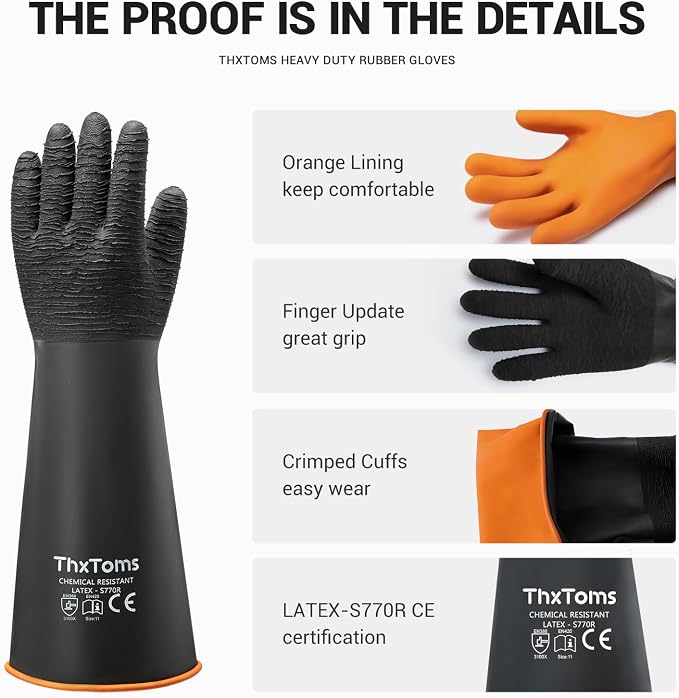 ThxToms Heavy Duty Rubber Gloves, 14" Upgraded with Non-Slip Design | 1 Pair Black Industrial Chemical Resistant Gloves Waterproof Reusable Protective Work Gloves for Dishwashing