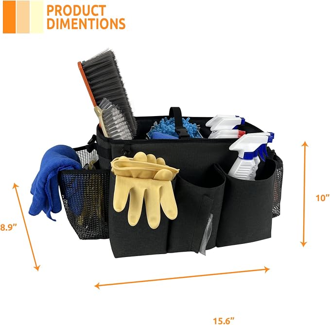 Large Cleaning Caddy Bag, Wearable Cleaning Supplies Organizer with Shoulder and Waist Straps, Multiple Compartments Tool Organizer with Detachable Divider for Cleaners (Black)