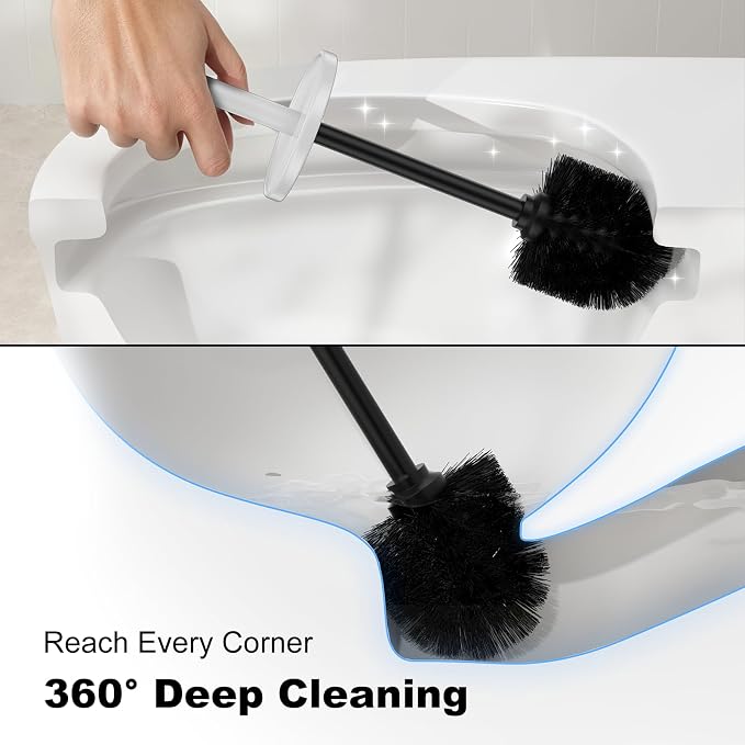 Metal Vertical Grain Toilet Bowl Brush and Holder Set Scrubber White | Extra Long Handle with Splash Guard Cover, Bathroom Space-Saving, Heavy Durable Deep Cleaning, Cleaner Sets for Apartments