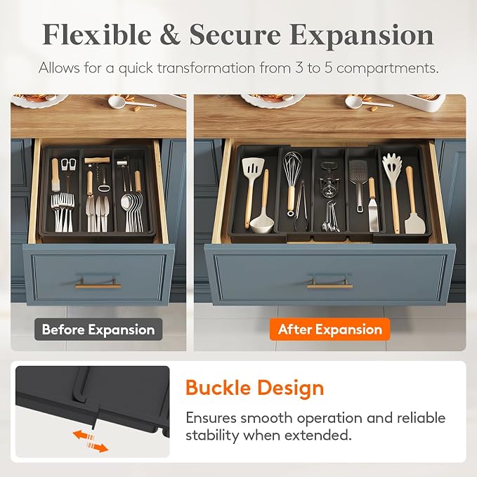 Lifewit Utensil Organizer for Kitchen Drawers, Expandable Utensil Tray | Adjustable Cooking Cutlery Silverware Flatware Holder, Plastic Spatula Tools Storage Divider, 11.5- 20 x 14.5", Black