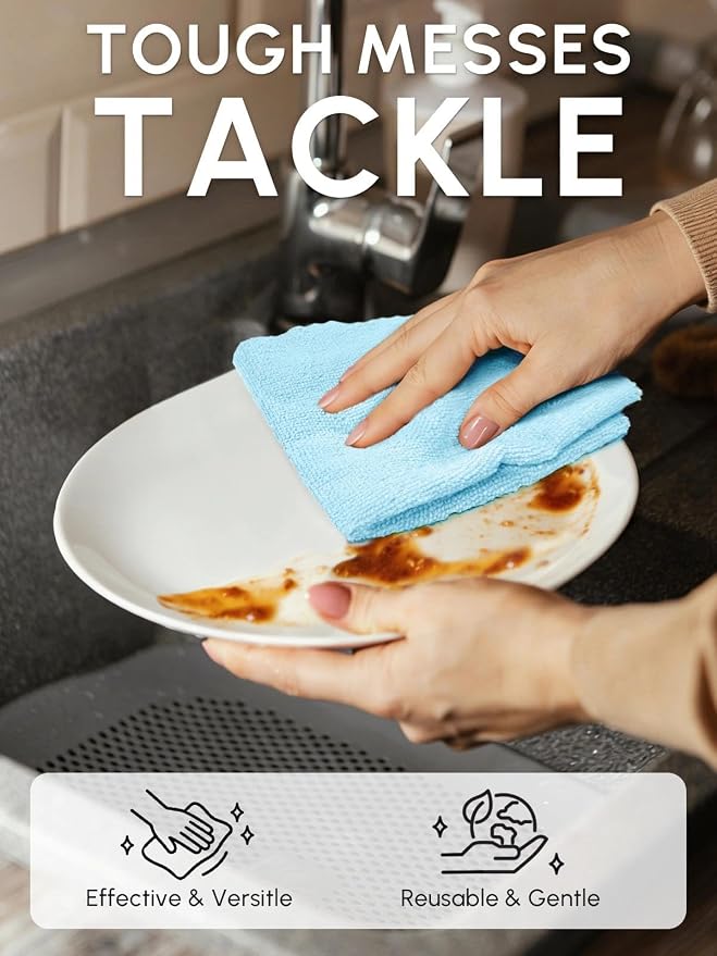 Microfiber Cleaning Cloths Roll 75 Pack 12x12 Inch Lint Free | Tear away design, lint free, washable, scratch free, ultra absorbent, for dish rags and household cleaning, blue color