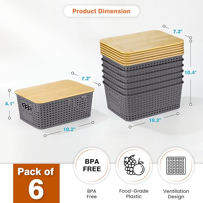 Ohmlove 6 Pack Plastic Storage Baskets with Bamboo Lids for Organization | Stackable Storage bins, Storages Baskets for Organizing Shelves Drawers Desktop Closet Playroom Classroom Office,Gray
